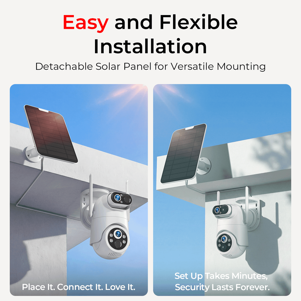 VividEye 4K Dual-Lens Solar Security Camera, 360° PTZ Surveillance security Cameras Wireless Wifi Outdoor, IP65 Waterproof PIR Detection, Full Color Night Vision, 2-Way Audio, Rechargeable Batter