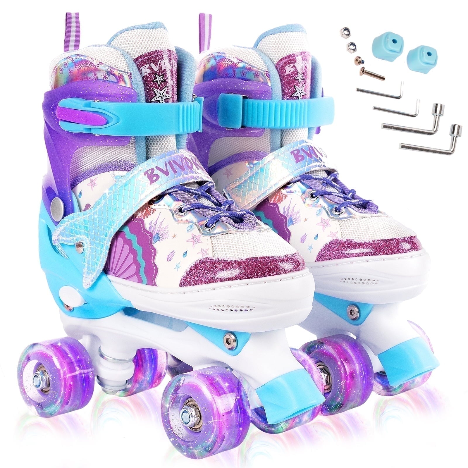 BVIVOK Adjustable Kids Roller Skates for Girls with Light up Wheels, Purple, Size 10C-13C